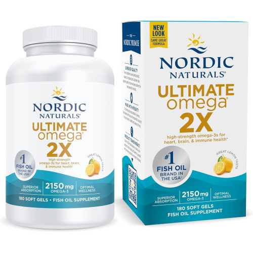 Nordic Naturals Ultimate Omega 2X, зі смаком лимона - 180 м'яких гелів - 2150 мг Омега-3 - Високопотенційний риб'ячий жир Омега-3 з EPA та DHA - Сприяє здоров'ю мозку та серця - Без ГМО - 90 порцій