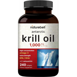 Добавка NatureBell Antarctic Krill Oil 1000 мг, 240 капсул, природне джерело омега-3, EPA, DHA та астаксантину - без присмаку - підтримує здоров'я серця, без ртуті та без ГМО