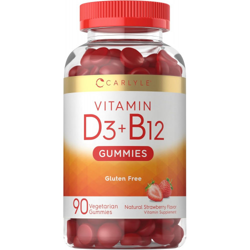 Carlyle Vitamin D3 + B12 Complex Gummies | 90 граф | Вегетаріанська формула без ГМО та глютену | Добавка зі смаком полуниці