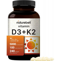 NatureBell Vitamin D3 5000 K2 (MK7) з кокосовою олією першого віджиму, 240 м’яких капсул, 100 мкг, підтримка 2 в 1, Duo-Ack | Постачання на 8 місяців | Перевірено третіми сторонами, без ГМО та глютену