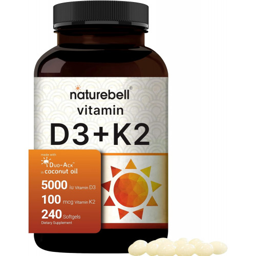 NatureBell Vitamin D3 5000 K2 (MK7) з кокосовою олією першого віджиму, 240 м’яких капсул, 100 мкг, підтримка 2 в 1, Duo-Ack | Постачання на 8 місяців | Перевірено третіми сторонами, без ГМО та глютену