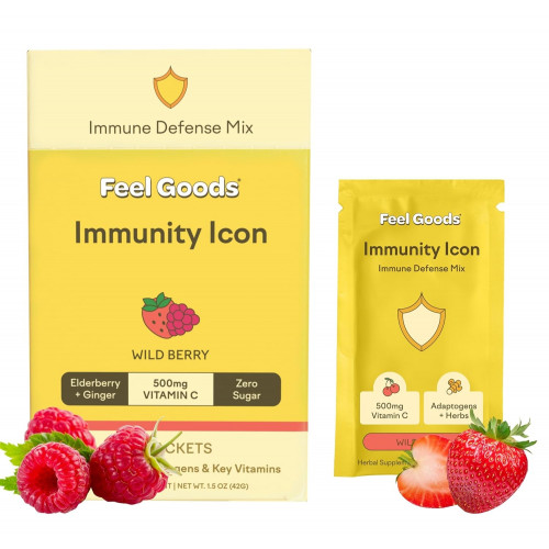 Feel Goods Immunity Icon - Вітамін С і пакети порошку цинку, суміш напоїв для підтримки імунітету, натуральна енергетика, без цукру, рослини та адаптогени - лісові ягоди, пакетики по 0,1 унції (упаковка з 15)