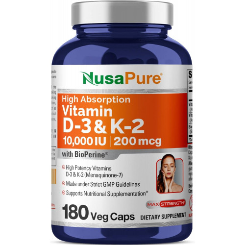 Возможно, вы имели в виду: NusaPure Vitamin K2 (MK7) (200 mcg) + Vitamin D3 (10000 IU) 180 Veg Caps - Bioperine, Soy Free, Non-GMO