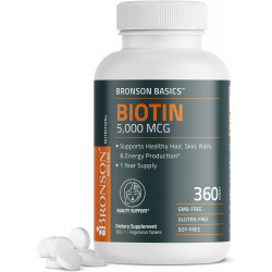 Bronson Biotin 5000 MCG поддерживает здоровье волос, кожи, ногтей и выработку энергии — высокоэффективная поддержка красоты — без ГМО, 360 вегетарианских таблеток