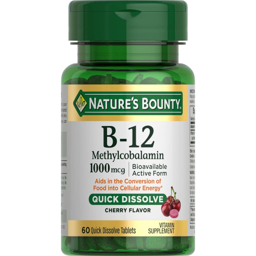 Nature's Bounty Vitamin B12, підтримує енергетичний обмін і здоров'я нервової системи, 1000 мкг, 60 швидкорозчинних таблеток