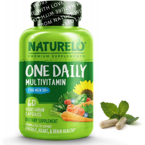 NATURELO One Daily Multivitamin для чоловіків 50+ - з вітамінами та мінералами + органічні цільні продукти - Добавка для підвищення енергії, загального здоров'я - Без ГМО - 60 капсул - 2 місяці