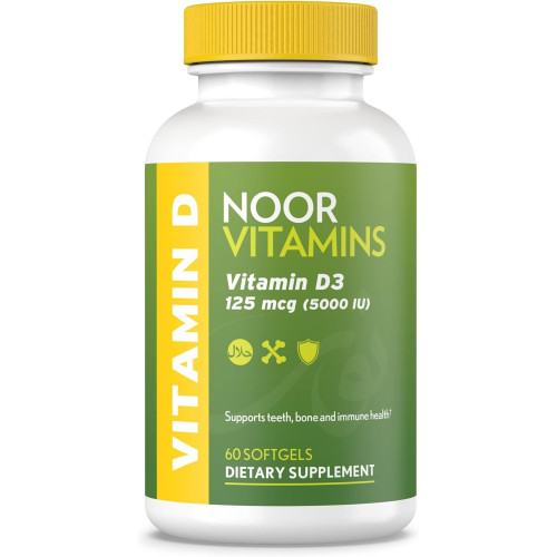 Noor Vitamins Халяльний вітамін D, халяльний вітамін D3, 5000 МО м’яких капсул, підтримує здоров’я кісток, імунітету та серця, від сафлорової олії до максимального засвоєння, без ГМО, без глютену та халяль (60 штук)…