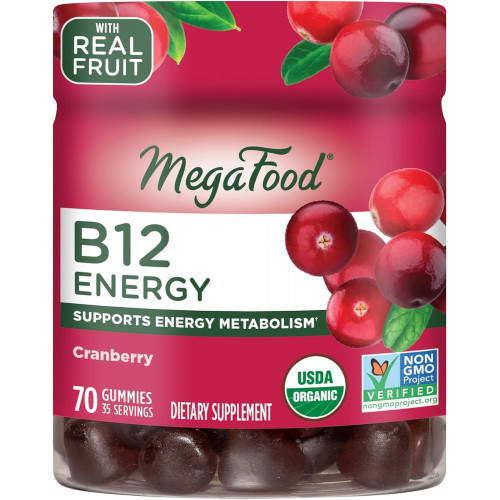 ​MegaFood Energy Gummies з вітаміном B12 - Веганські - З вітамінами метил B12 для підтримки клітинної енергії - Журавлина - Щоденна добавка з вітаміном B12 - USDA Organic - 70 Gummies, 35 порцій