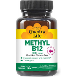 Country Life Methyl B12, підтримує енергію та витривалість, 3000 мкг, 120 пастилок, сертифікований безглютеновий, сертифікований веганський, сертифікований халяльний