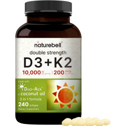 NatureBell вітамін D3 K2 (10 000 IU вітамін D + 200 мкг вітамін K MK-7) 240 софджел з кокосовою олією для повного поглинання | Кістка, серце, імунна підтримка та кальцій | Один день, не ГМО