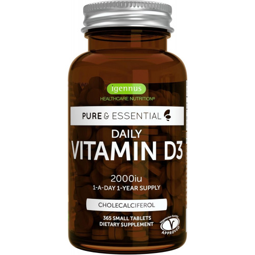 Pure & Essential Daily Vegetarian Vitamin D3 2000 МО, холекальциферол, 365 маленьких таблеток, 1-A-Day, 1-Year Supply, Igennus