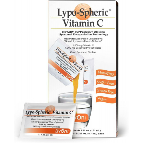 LivOn Laboratories Lypo–Spheric Liposomal Vitamin C 1000 мг 30 пакетів - без цукру, для підтримки імунітету, на рослинній основі - легко проковтнути, засвоюється, зручні окремі пакети 100% без ГМО, без глютену