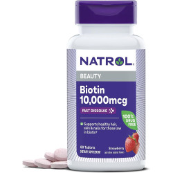 Natrol Beauty Biotin 10000 мкг, пищевая добавка для здоровья волос, кожи, ногтей и энергетического обмена, 60 быстрорастворимых таблеток со вкусом клубники, запас на 60 дней