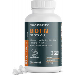 Bronson Biotin 10,000 MCG поддерживает здоровье волос, кожи, ногтей и выработку энергии — высокоэффективная поддержка красоты — без ГМО, 360 вегетарианских таблеток