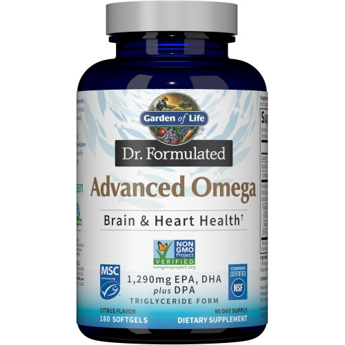 Garden of Life Dr. Formulated Advanced Omega Fish Oil - Lemon, 1290 мг EPA, DHA + DPA у формі тригліцеридів, добавка омега 3 з одного джерела для здоров’я мозку та серця, без ГМО, 180 м’яких капсул