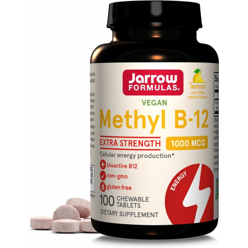 Jarrow Formulas Extra Strength Метил B-12, 1000 мкг, Пищевая добавка для производства клеточной энергии и поддержки здоровья мозга, 100 жевательных таблеток со вкусом лимона, 100-дневный запас