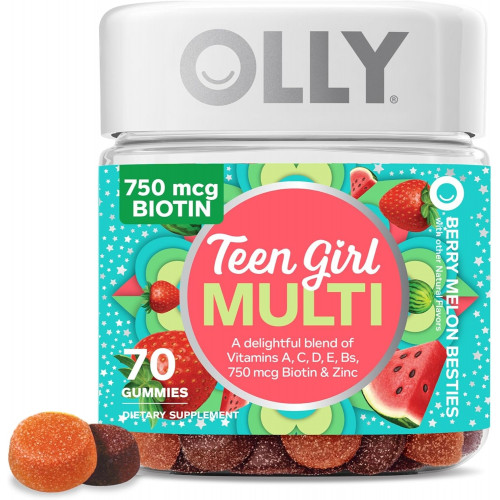 OLLY Teen Girl Multi Gummy, здоровая кожа и поддержка иммунитета, 15 основных витаминов, биотин, цинк, кальций, жевательные мультивитамины, ягодная дыня, запас на 35 дней — 70 шт.