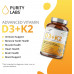 Purity Labs Вітамін D3 K2 10000 МО, (250 мкг) D3 + 200 мкг K2 MK7 - Добавка для підтримки імунітету, посилена біоперином - Добавки для щоденного захисту, здоров'я кісток, м'язів і шкіри - 120 капсул