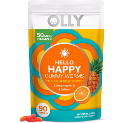 OLLY Hello Happy Gummy Worms, поддержка баланса настроения, витамин D, шафран, жевательная добавка для взрослых, без глютена, Tropical Zing - 90 штук