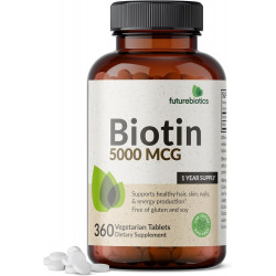 Біотин Futurebiotics 5000 MCG підтримує здоров’я волосся, шкіри, нігтів і виробництво енергії без ГМО, 360 вегетаріанських таблеток (поставка на 1 рік)