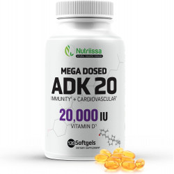 ADK 20 Mega Dosed Vitamin Supplement - 20 000 МО вітаміну D3, підтримка імунітету та серцево-судинної системи, 120 м'яких капсул, 120 порцій у пляшці