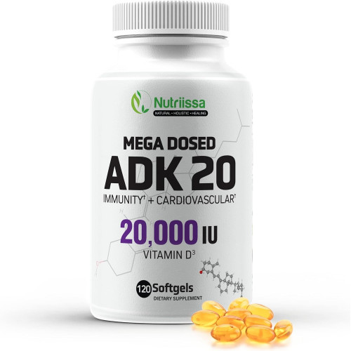 ADK 20 Mega Dosed Vitamin Supplement - 20 000 МО вітаміну D3, підтримка імунітету та серцево-судинної системи, 120 м'яких капсул, 120 порцій у пляшці