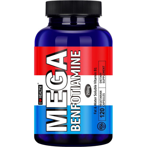 I Love Health Mega Benfotiamine, 250 мг, жиророзчинна форма тіаміну, ультрабіодоступний вітамін B1, висока ефективність, без глютену, без ГМО, вегетаріанські 120 капсул