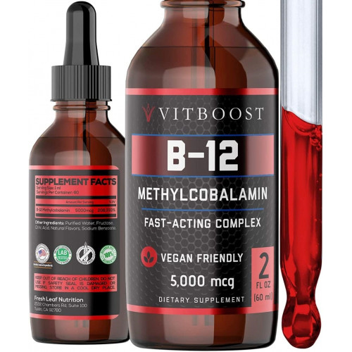 Vegan Liquid B-12 Drops – 60 x 5000 mcg Extra Strength Raspberry Flavored Vitamin B12 Liquid Methylcobalamin sublingval Supplement | Створено для максимального поглинання та енергії | Не містить глютену