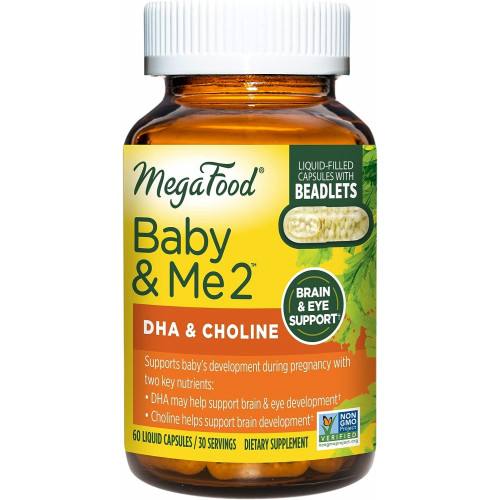 MegaFood Baby & Me 2 Prenatal DHA & Choline - Вітаміни для жінок - Рослинні рідкі DHA і холін для розвитку мозку та очей дитини під час вагітності - Vegan - 60 капсул (30 порцій)