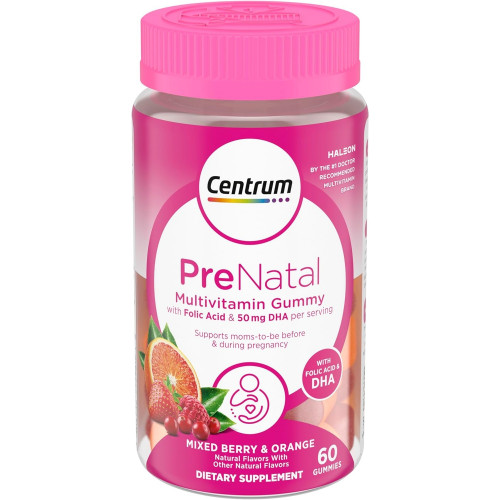 Жувальні цукерки Centrum Prenatal Multivitamin Gummies з DHA та фолієвою кислотою, змішаними смаками ягід і апельсина - 60 штук, 30-денний запас