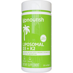 UpNourish Liposomal D3 & K2 MK-7, покращене засвоєння для оптимального здоров’я кісток та імунітету, містить 5000 МО 125 мкг вітаміну D3 та 100 мкг вітаміну k2 з органічною кокосовою олією, 365 міні-капсул