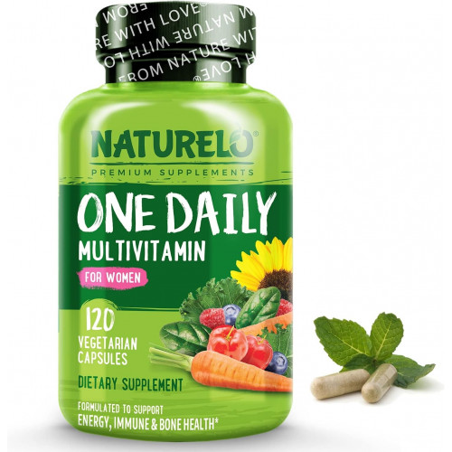 NATURELO One Daily Multivitamin для женщин — энергетическая поддержка — цельная пищевая добавка для питания волос, кожи и ногтей — без ГМО — без сои — без глютена — 120 капсул — запас на 4 месяца