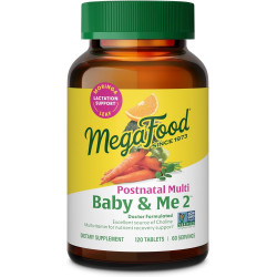 MegaFood Baby & Me 2 послеродовых витамина для кормящих мам с фолатом (природная форма фолиевой кислоты), холином, йодом, витамином D, листом моринги и многим другим - 120 таблеток (60 порций)