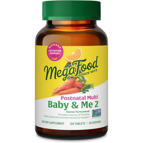 MegaFood Baby & Me 2 послеродовых витамина для кормящих мам с фолатом (природная форма фолиевой кислоты), холином, йодом, витамином D, листом моринги и многим другим - 120 таблеток (60 порций)