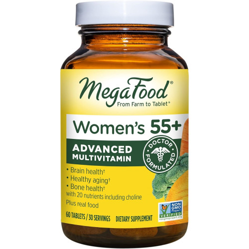 MegaFood Women's 55+ Advanced Multivitamin for Women - Лікарська рецептура з холіном, вітаміном D3, вітаміном B12, біотином - Plus Real Food - Оптимальне старіння, - Вегетаріанський - 60 таблеток (30 порцій)