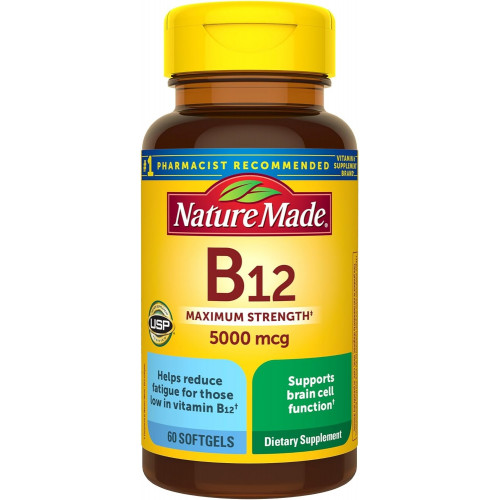 Nature Made Maximum Strength Vitamin B12 5000 мкг, дієтична добавка для підтримки енергетичного обміну, 60 м’яких капсул, запас на 60 днів