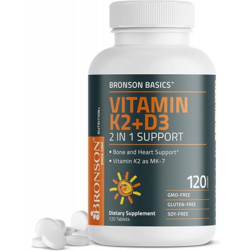 Bronson Basics Vitamin K2 D3 (MK7) Supplement Non-GMO Formula 5000IU (125 mcg) Vitamin D3 & 90 mcg Vitamin K2 MK-7 Легко проковтнути Комплекс вітамінів D і K, 120 таблеток