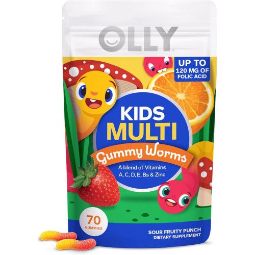 Мультивитаминные жевательные черви OLLY Kids, общее состояние здоровья и поддержка иммунитета, витамины и минералы A, C, D, E, Bs и цинк, жевательная добавка, кислый фруктовый пунш, запас на 45 дней — 70 шт.