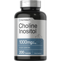 Horbaach Choline Inositol 1000mg Supplement | 200 капсул | Без ГМО, без глютену