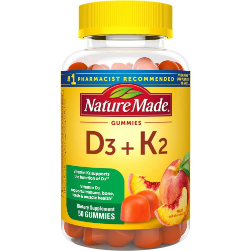 Nature Made Vitamin D3 K2 Gummies, Вітамін D3 5000 МО на порцію, кістки, зуби, м’язи, підтримка здоров’я імунітету, 50 вітамінів D + K2 Gummy Vitamins, 25-денний запас