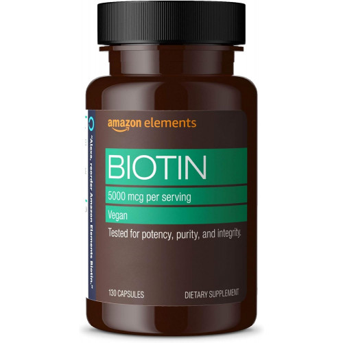 Amazon Elements Vegan Biotin 5000 мкг — для волос, кожи, ногтей, 130 капсул (запас на 4 месяца) (упаковка может отличаться)