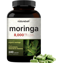 Капсули NatureBell Moringa 8000 мг на порцію, 240 капсул | 4-місячний запас, виготовлений з органічного порошку морінги | Зелений суперпродукт, здоров'я шкіри та підтримка імунітету | Без ГМО, без глютену