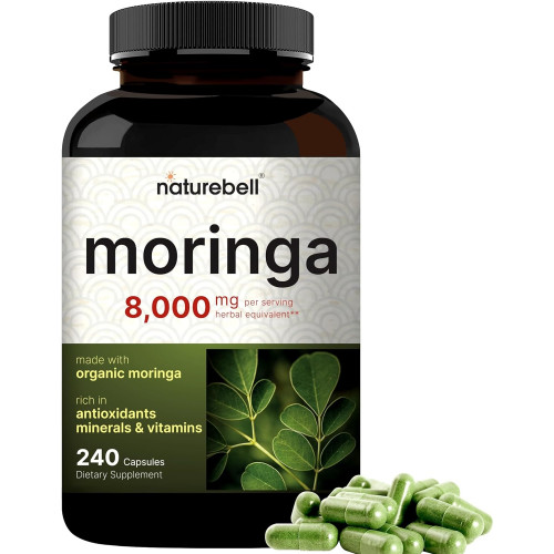 Капсули NatureBell Moringa 8000 мг на порцію, 240 капсул | 4-місячний запас, виготовлений з органічного порошку морінги | Зелений суперпродукт, здоров'я шкіри та підтримка імунітету | Без ГМО, без глютену