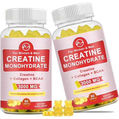 (2 упаковки) Creatine Gummy, 3 г креатину моногідрату на порцію, креатин моногідрат без цукру для росту та зміцнення м’язів з 0,5 г колагену, 0,2 г BCAA, 30 порцій, смак ананаса