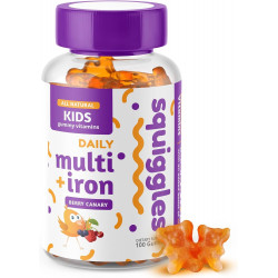 Жувальні цукерки Kids Multi + Iron, Gummy Vitamin із залізом і низьким вмістом цукру, додаткова кількість вітамінів, мінералів і заліза, веганська добавка, Chewy Yummy Gummies, ягідний канарковий смак, 100 цукерок