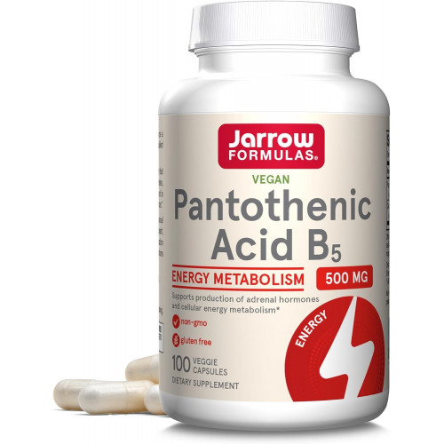 Jarrow Formulas Pantothenic Acid B5 500 мг, дієтична добавка, вітамін B5 для підтримки гормонів надниркових залоз і метаболізму клітинної енергії, 100 вегетаріанських капсул, запас на 100 днів