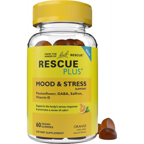 Жевательные конфеты RESCUE Bach Plus Mood & Stress Support, дневная пищевая добавка с пассифлорой, ГАМК, шафраном и витамином D, натуральный апельсиновый вкус, веганские и без глютена, 60 штук