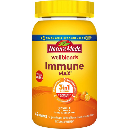 Nature Made Wellblends ImmuneMAX Gummies, Вітамін C 1000 мг + цинк, селен і вітамін D3 5000 МО, добавка для підтримки імунітету, 42 Gummies