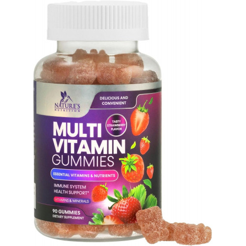 Мультивітаміни Gummies для дорослих, Daily Gummy Vitamin для жінок і чоловіків, Extra Strength Immune Health Support Supplement with Vitamins A, C, D, E, B-6, B-12, Zinc and more, Non-GMO, Berry - 90 Gummies