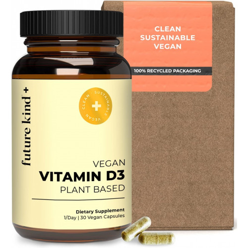 Future Kind Vegan Vitamin D3 (30 капсул у скляній пляшці) - 2500 МО Добавки вітаміну D на рослинній основі для підтримки клітин і імунітету - Добавки вітаміну D без цукру, на основі лишайників для жінок і чоловіків